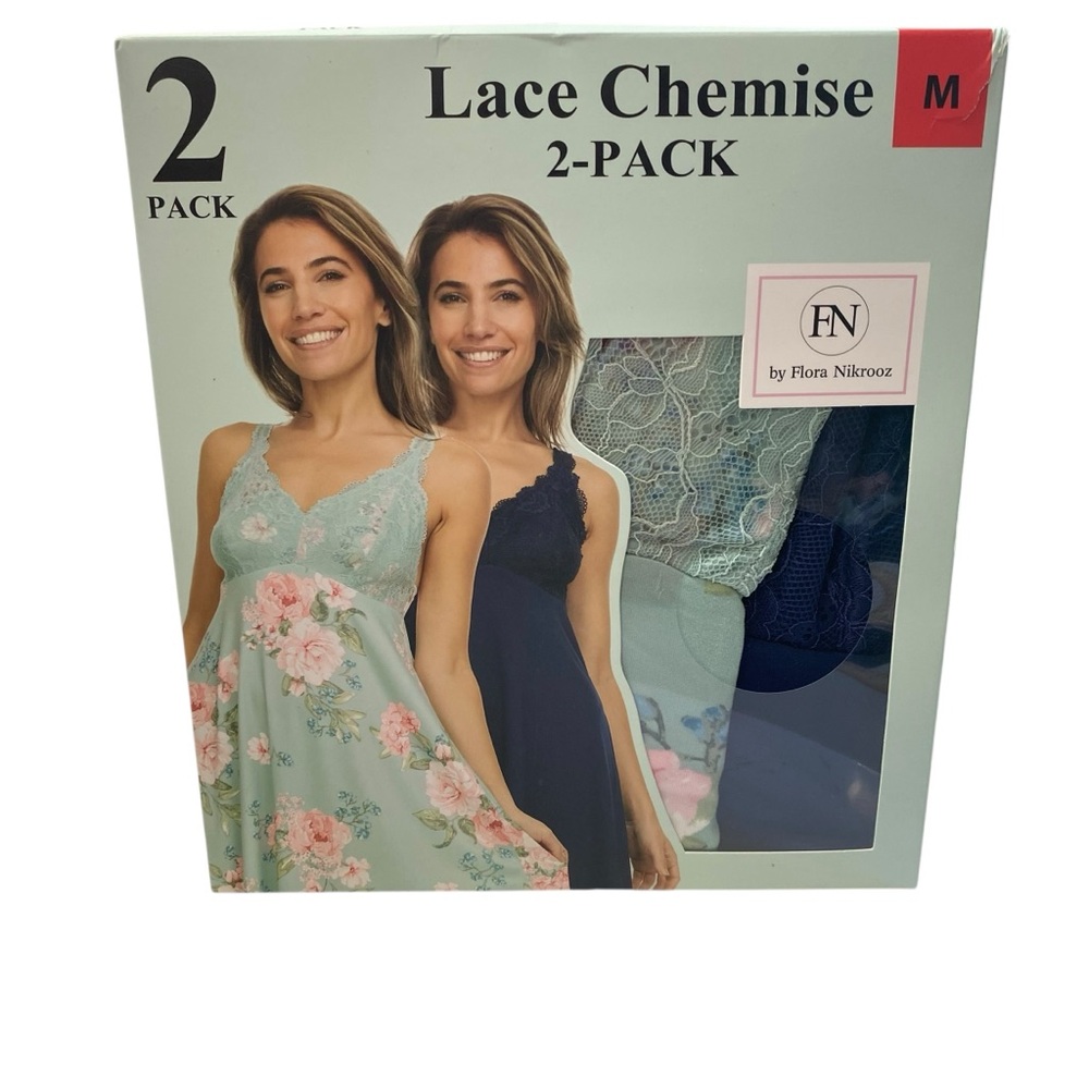 FN By Flora‎ Nikrooz Lace Chemise Nightgown Women's M Navy Green Floral 2 Pack
